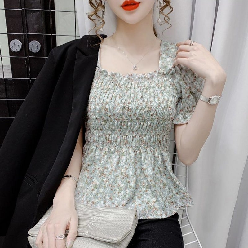 2024 summer new vintage Hong Kong style square collar floral short sleeve waist skirt French top womens foreign trade wholesale green floral - Image 1