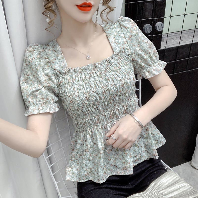 2024 summer new vintage Hong Kong style square collar floral short sleeve waist skirt French top womens foreign trade wholesale green floral - Image 2