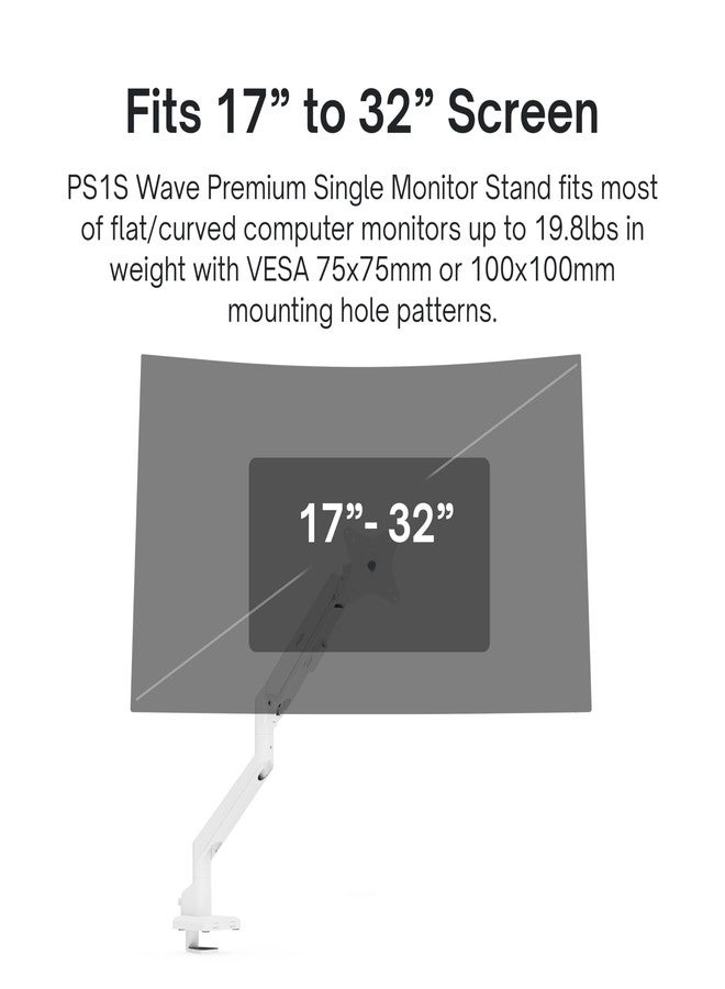 Pixio PS1S Wave White Single Monitor Arm Stand Desk Mount - Fits up to 32 inches Monitors and up to 19.8lbs. VESA Compatibility and Integrated Cable Management - Image 2