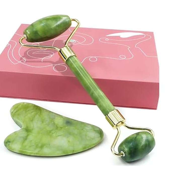 MARK Jade Roller and Gua Sha Set - Facial Tools, 100% Natural Rose Quartz Gua Sha Stone for Skin Care Routine, reduce wrinkles aging and eyes Puffines - Image 1