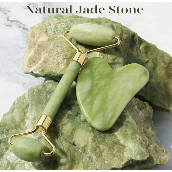 MARK Jade Roller and Gua Sha Set - Facial Tools, 100% Natural Rose Quartz Gua Sha Stone for Skin Care Routine, reduce wrinkles aging and eyes Puffines - Image 3