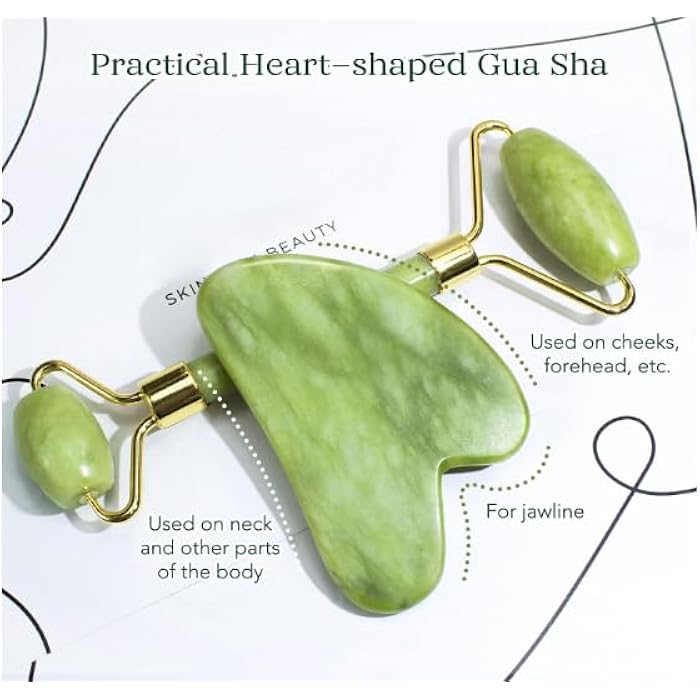 MARK Jade Roller and Gua Sha Set - Facial Tools, 100% Natural Rose Quartz Gua Sha Stone for Skin Care Routine, reduce wrinkles aging and eyes Puffines - Image 4