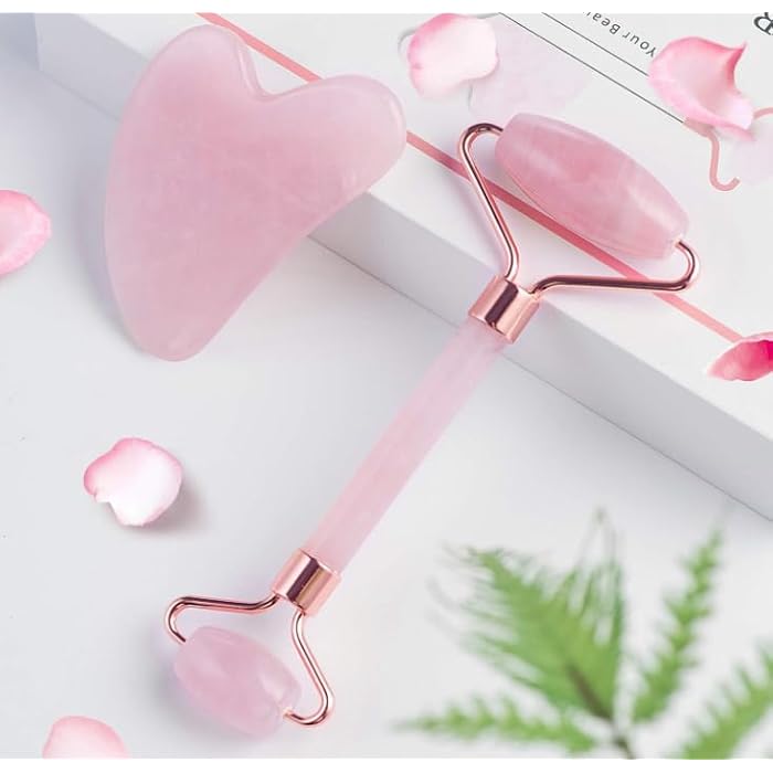 MARK Jade Roller and Gua Sha Set - Facial Tools, 100% Natural Rose Quartz Gua Sha Stone for Skin Care Routine, reduce wrinkles aging and eyes Puffines - Image 2