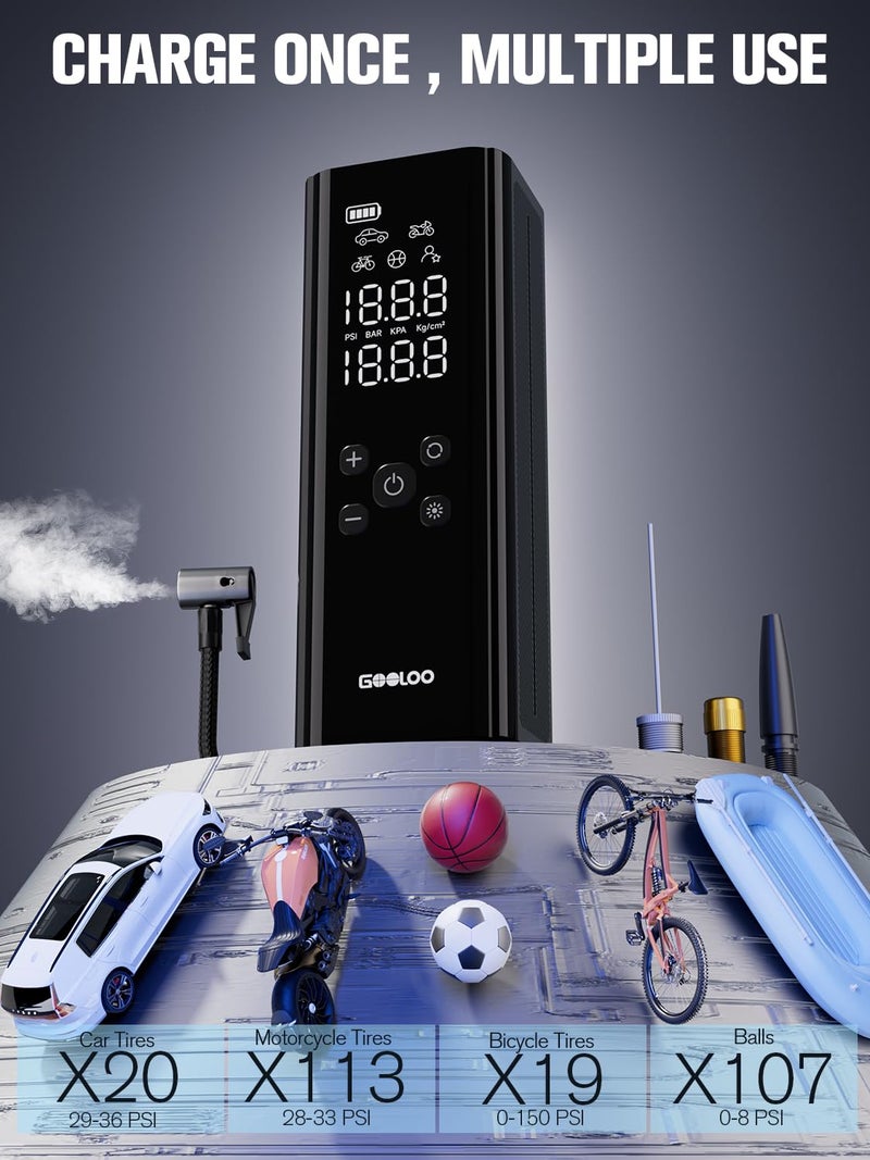 GOOLOO GT150 Tire Inflator Portable Air Compressor - Upgraded 150PSI & 2X Faster Air Pump for Car Tires with Auto-Shutoff, Cordless Air Pump for Cars, Bikes, Balls, Motorcycles, Bright LED Screen - Image 4