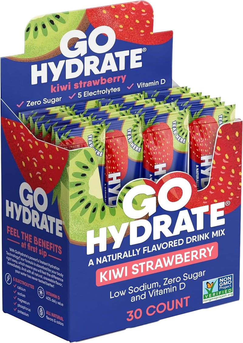 GoHydrate باكيتات مسحوق الترطيب الفوري GoHydrate  مشروب إلكتروليتات منخفض الصوديوم  دعم الترطيب الطبيعي  مشروب مسحوق بنكهة إلكتروليت خالي من السكر مع فيتامين D 30 باكيت  كيوي فراولة - Image 1