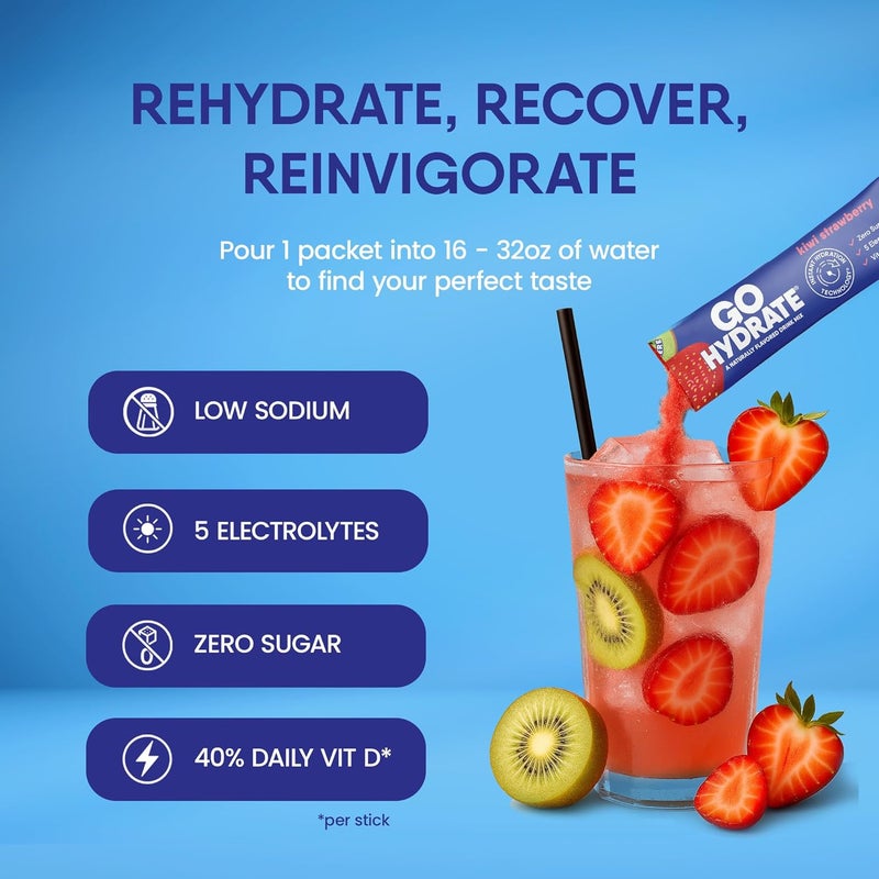 GoHydrate باكيتات مسحوق الترطيب الفوري GoHydrate  مشروب إلكتروليتات منخفض الصوديوم  دعم الترطيب الطبيعي  مشروب مسحوق بنكهة إلكتروليت خالي من السكر مع فيتامين D 30 باكيت  كيوي فراولة - Image 2