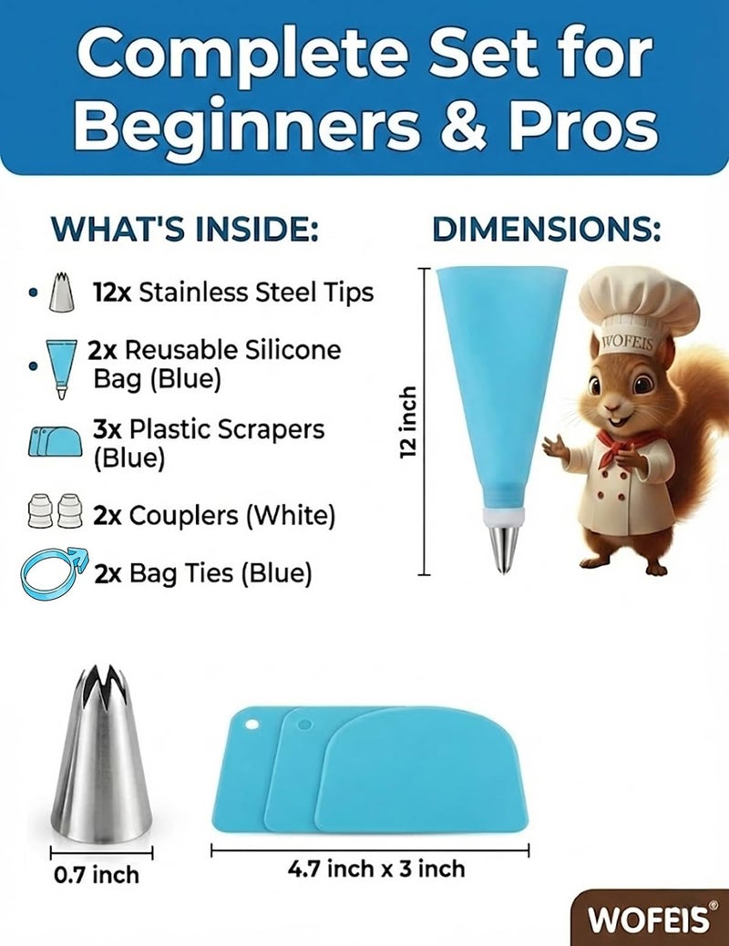 WOFEIS Piping Bags and Tips Set, Reusable Cake Decorating Supplies with 2 Reusable Bags, 12 Icing Tips, 2 Silicone Rings, 2 Couplers and 3 Scrapers, Cake Baking Tools for Cookie Icing Cupcakes - Image 3