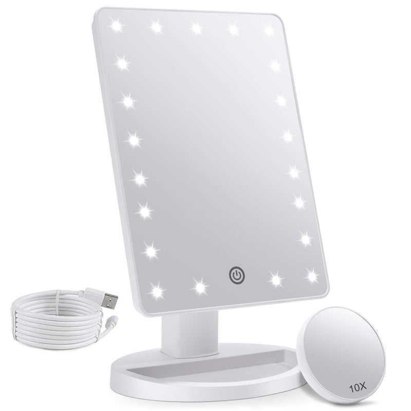 FASCINATE Makeup Vanity Mirror with Lights and Detachable 10X Magnification 21 Led Lights Adjustable Dimming Touch Sensor Dual Power Supply 180 Rotation Portable Cosmetic MirrorWhite