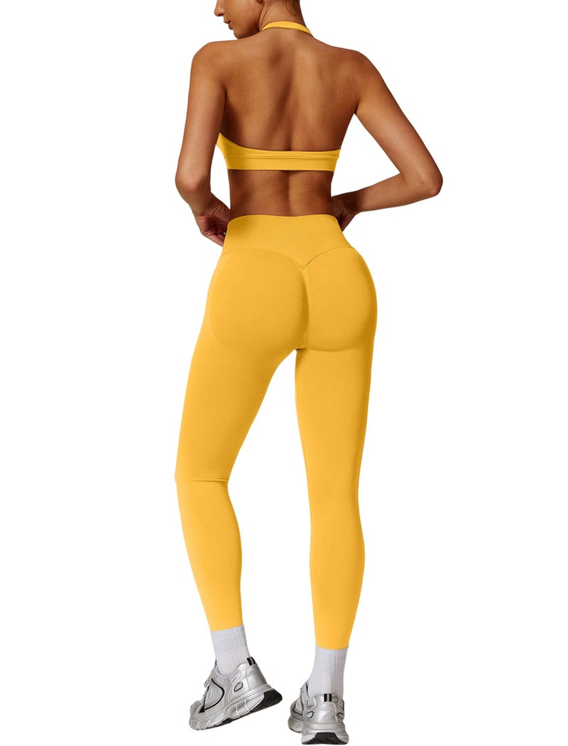 ABOCIW Workout Sets for Women Seamless Scrunch Butt Lifting Impact Leggings High Waist Yoga Pants Halter Sports Bra 2 Piece Gym Sets Yellow XSmall