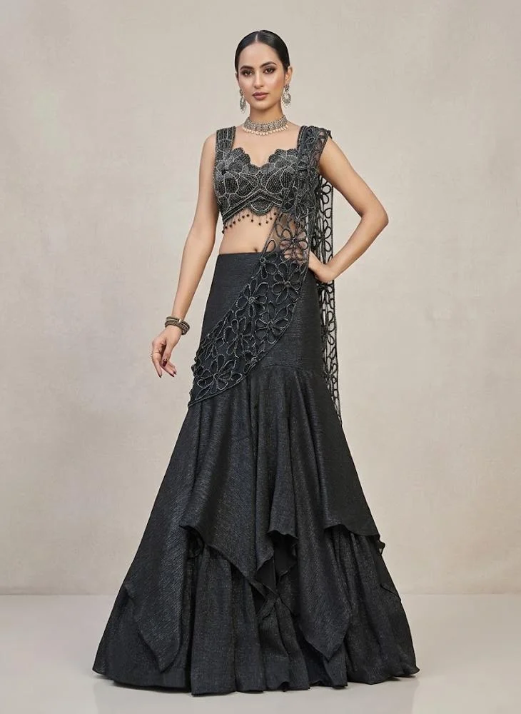 Viny VINY Black Embellished Lehenga Set with Ruffled Skirt – Women's Indian Ethnic Wear