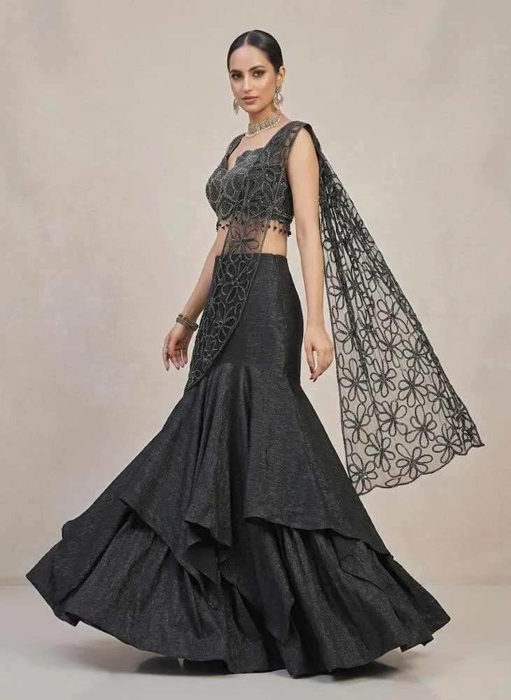 Viny VINY Black Embellished Lehenga Set with Ruffled Skirt – Women's Indian Ethnic Wear