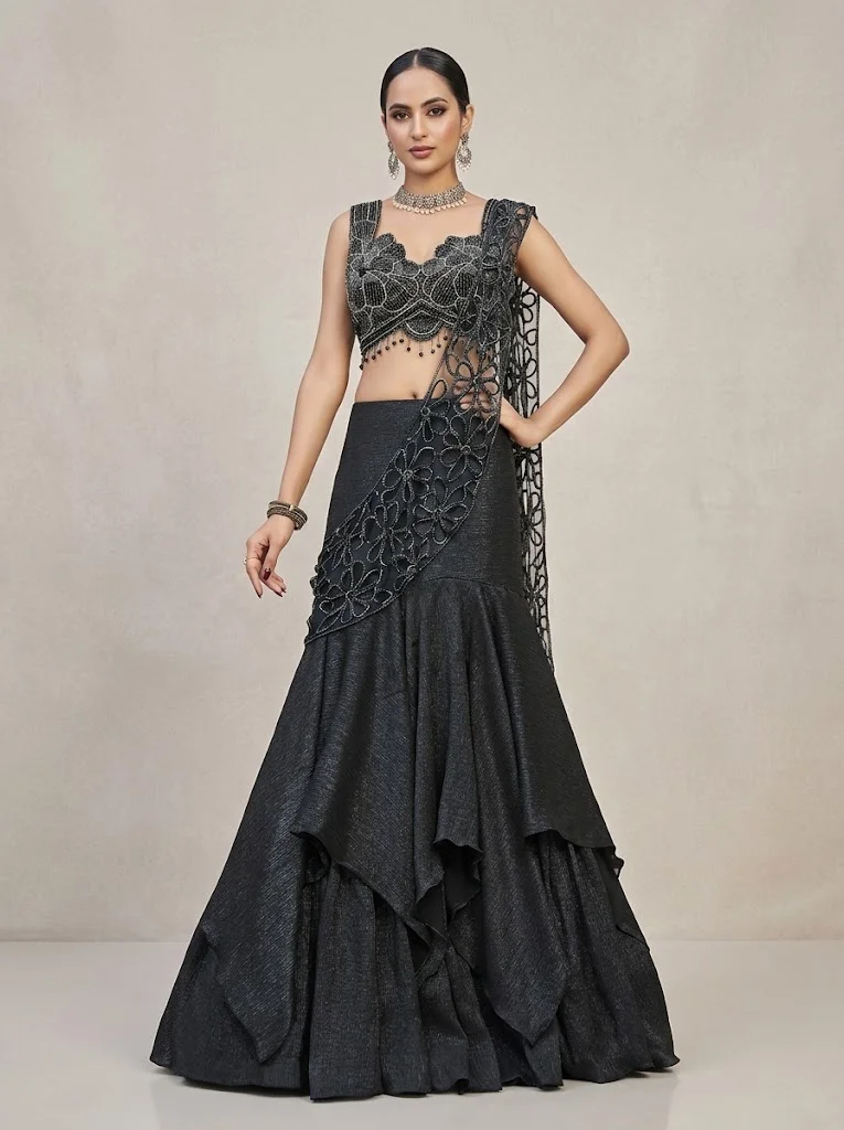 VINY Black Embellished Lehenga Set with Ruffled Skirt – Women's Indian Ethnic Wear