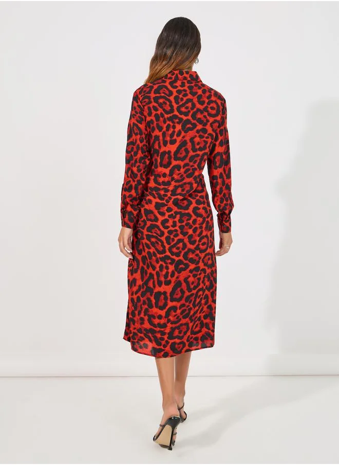Styli Animal Print Tie-Up Waist Shirt Midi Dress