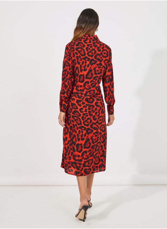 Styli - Animal Print Tie-Up Waist Shirt Midi Dress - Image 1
