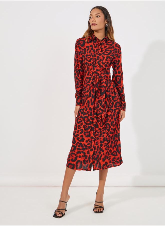 Styli - Animal Print Tie-Up Waist Shirt Midi Dress - Image 1