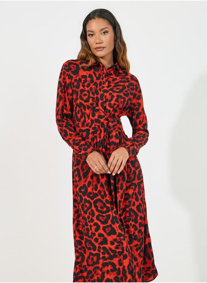 Styli - Animal Print Tie-Up Waist Shirt Midi Dress - Image 1
