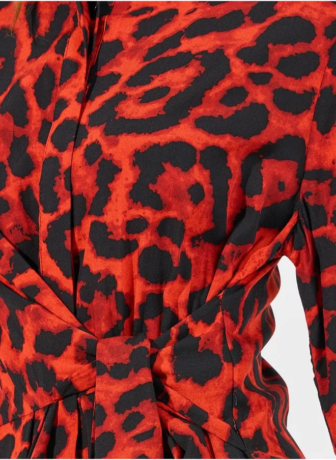Styli Animal Print Tie-Up Waist Shirt Midi Dress
