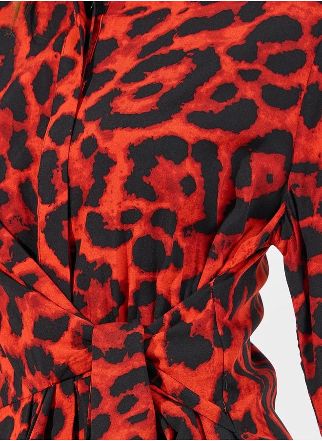 Styli - Animal Print Tie-Up Waist Shirt Midi Dress - Image 1