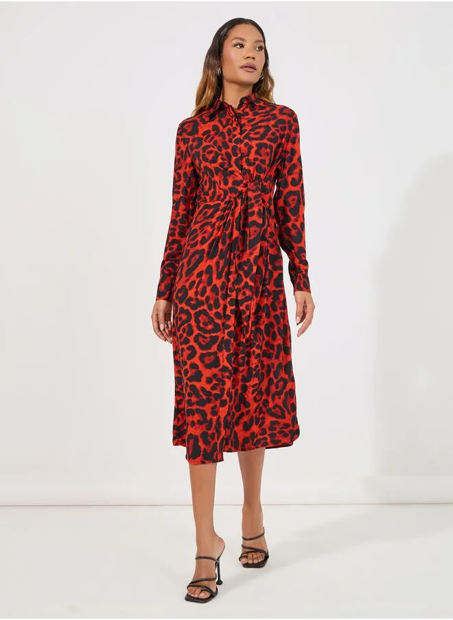 Styli Animal Print Tie-Up Waist Shirt Midi Dress