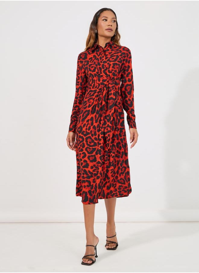 Styli - Animal Print Tie-Up Waist Shirt Midi Dress - Image 1