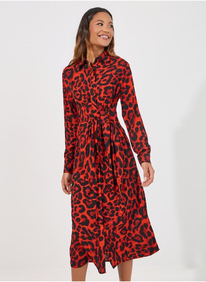 Styli - Animal Print Tie-Up Waist Shirt Midi Dress - Image 1