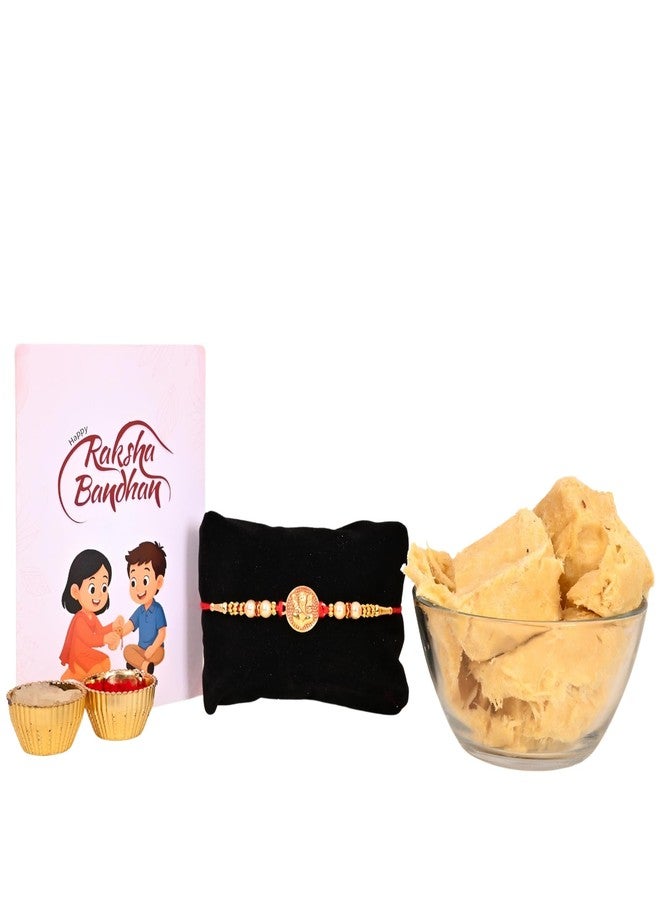 Poorak Religious Assorted Gift Pack - 1 Rakhi, 200 gm Son Papdi, Roli Chawal & Greeting Card - Image 1
