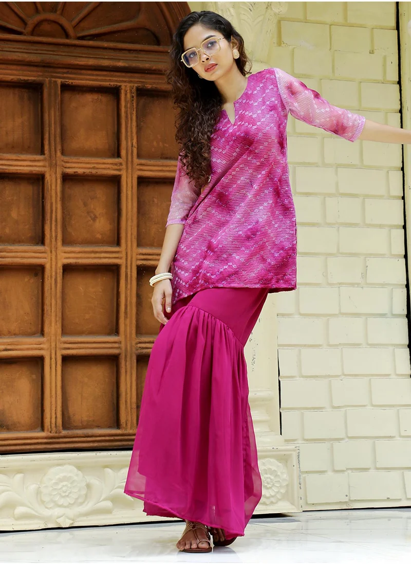  قصة Women's Plum Purple Tie-Dye Kurti With Palazzo And Dupatta