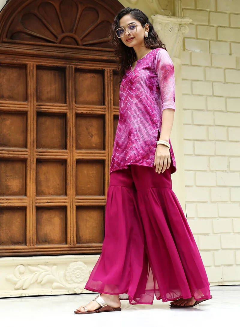  قصة Women's Plum Purple Tie-Dye Kurti With Palazzo And Dupatta