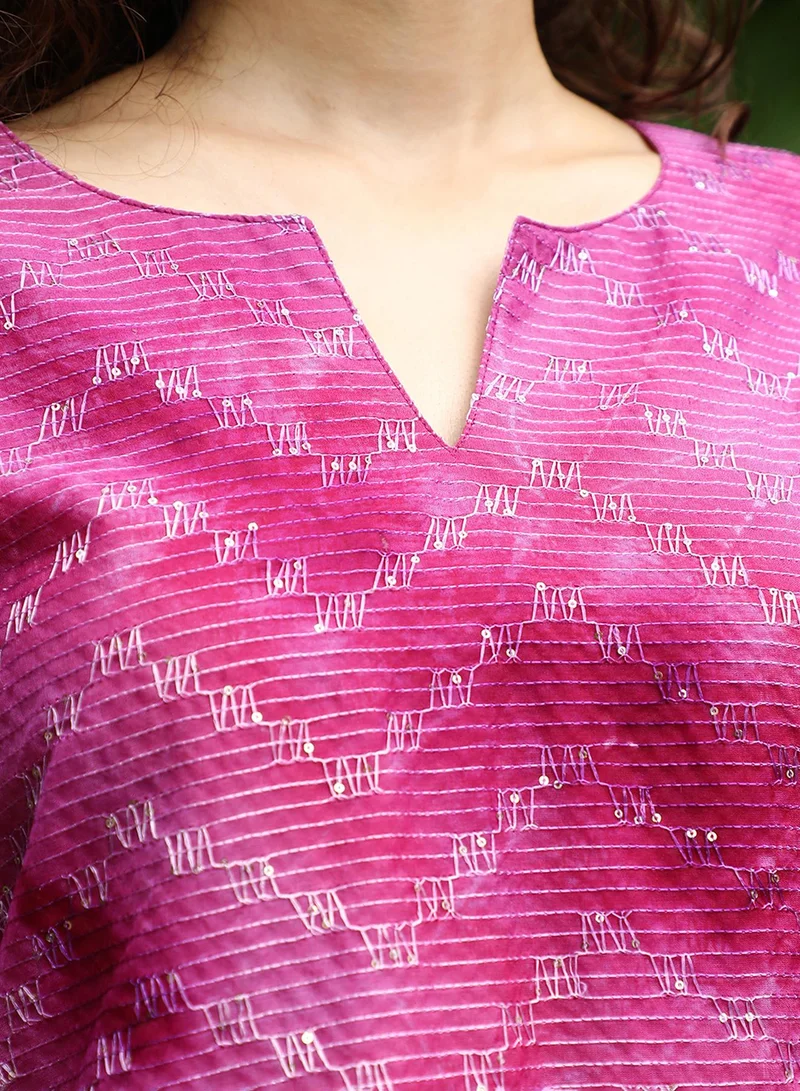 قصة Women's Plum Purple Tie-Dye Kurti With Palazzo And Dupatta