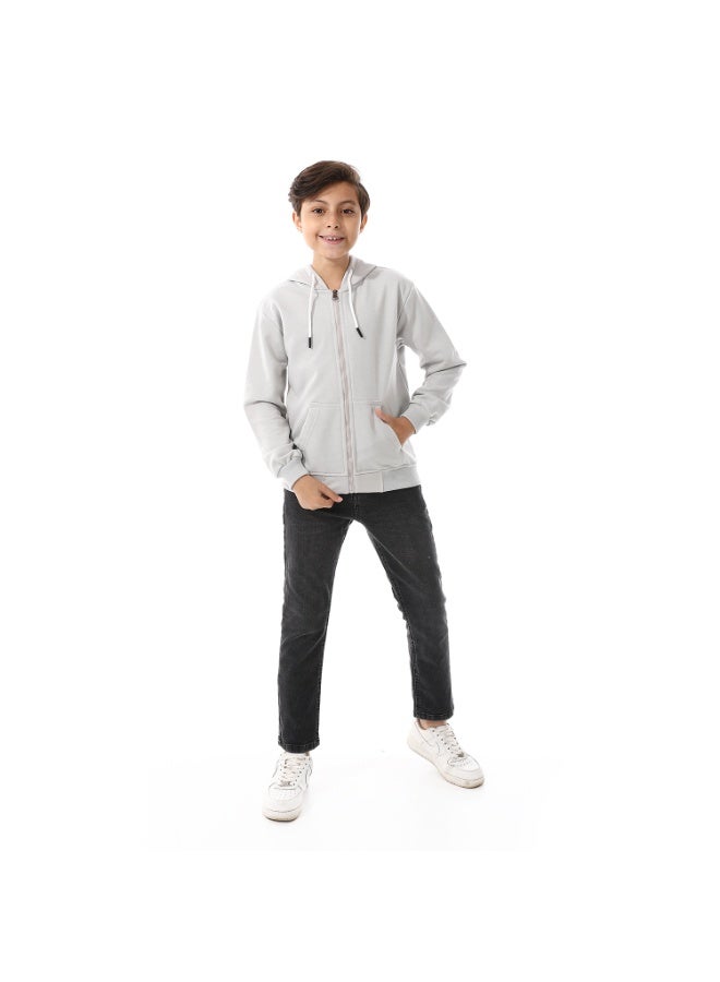 Boys Hooded Long Sleeves Plain Side Pockets Sweatshirt _ SilverGrey