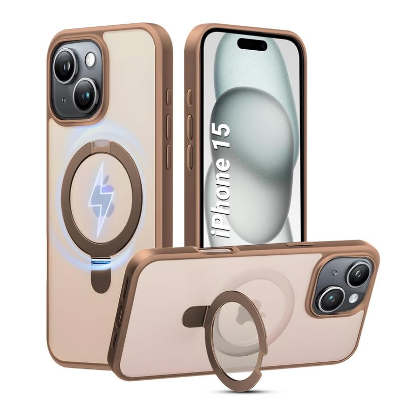 AIBEX Back Cover for Apple iPhone 15 with OStand Ring Kickstand| Mag-Saf Compatible Magnetic Metal Alloy Ring| Wireless Charging| Slim Thin Scratch Resistant Armor |Shockproof Protective Case - Brown - Image 1