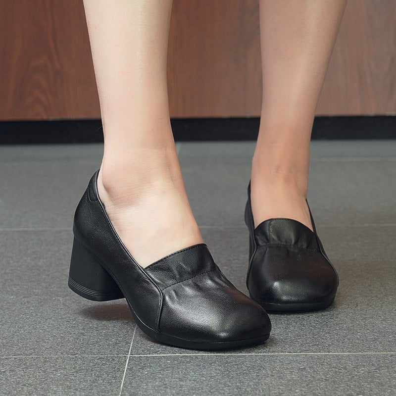 Pleated Women'S Shoes 2025 Spring & Fall Slip-On Thick Heel Pumps Women'S Middle-Aged Mother'S Leather Shoes Retro Cowhide Shoes - Image 5