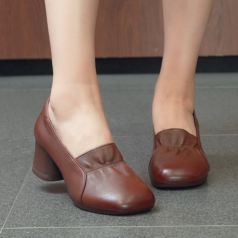 Pleated Women'S Shoes 2025 Spring & Fall Slip-On Thick Heel Pumps Women'S Middle-Aged Mother'S Leather Shoes Retro Cowhide Shoes - Image 2