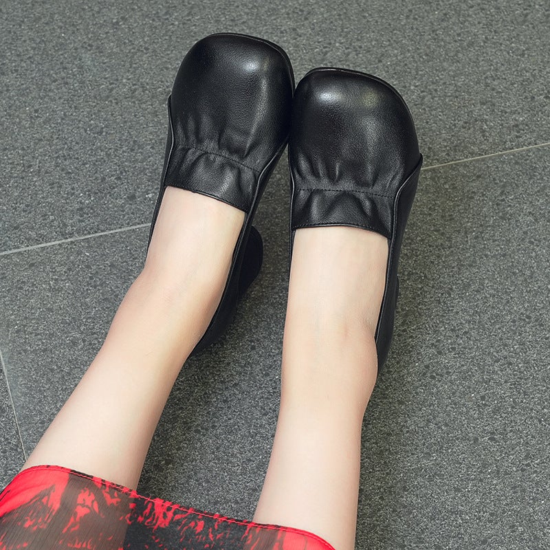 Pleated Women'S Shoes 2025 Spring & Fall Slip-On Thick Heel Pumps Women'S Middle-Aged Mother'S Leather Shoes Retro Cowhide Shoes - Image 3