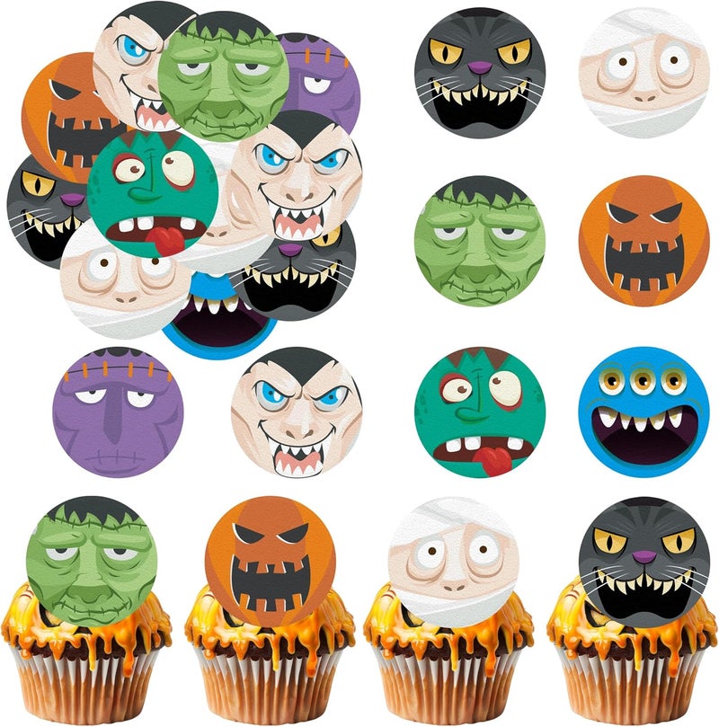 Fyeoxle 36PCS Edible Halloween Horror Face Cupcake Toppers Wafer Paper Pumpkins Ghost Black Cats Cupcake Picks Trick or Treat Cupcake Toppers for Halloween Eve Theme Party - Image 1