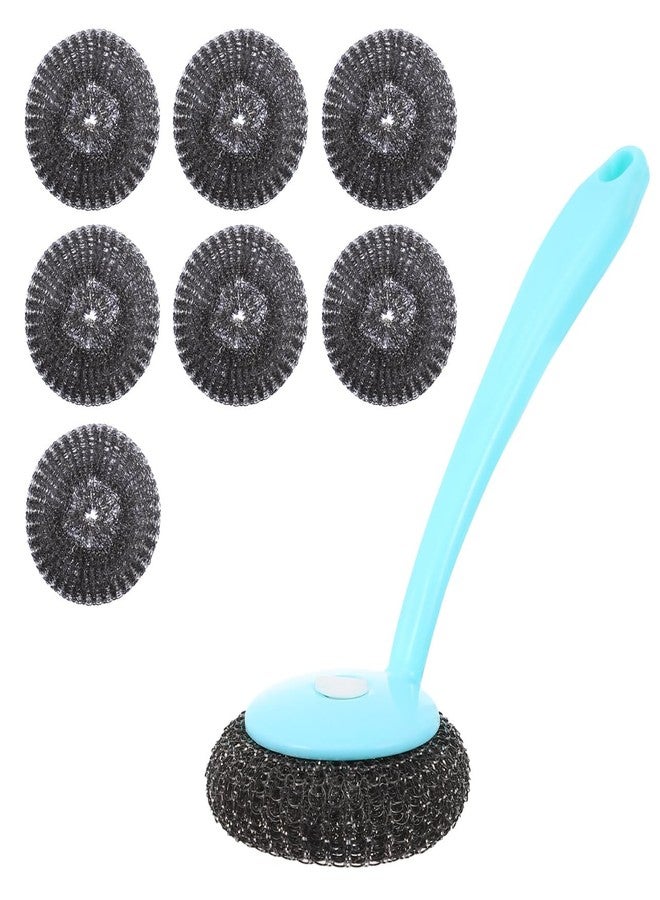 PACKOVE Kitchen Pot Scrubber with Handle and 8 Stainless Steel Wire Balls Dish Cleaning Brush for Pots Pans Sinks 9.64X3.14X2.55In - Image 1