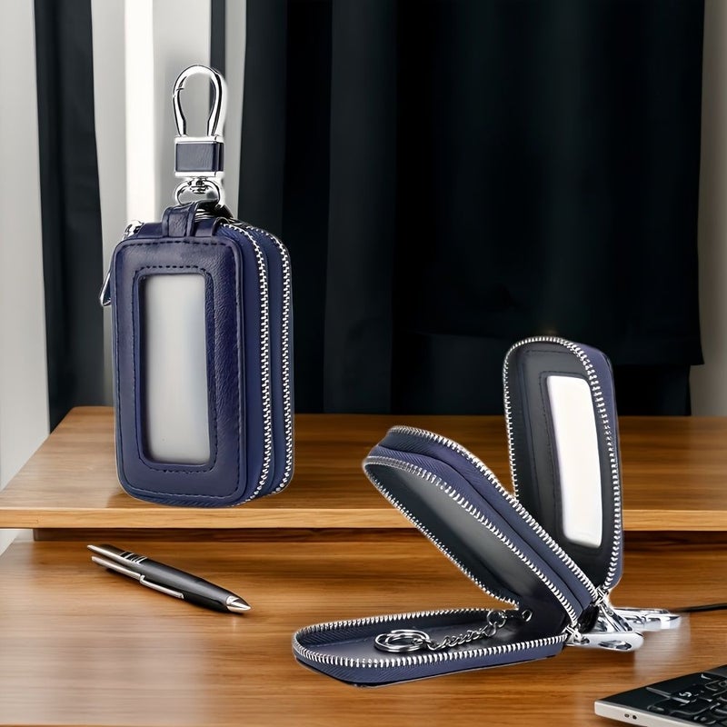 Royal Blue Genuine PU Leather Double Layer Key Protection Cover Mini Car Storage Bag - Image 4