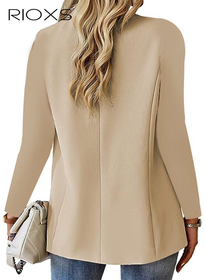 RIOXS Womens Blazers, Business Casual Blazers for Ladies, Long Sleeve Notch Lapel Trendy Work Office Blazer Jackets Outerwear with Pockets, Spring Fall Suit for Commuting Meeting Daily Wearing, Apricot - Image 2