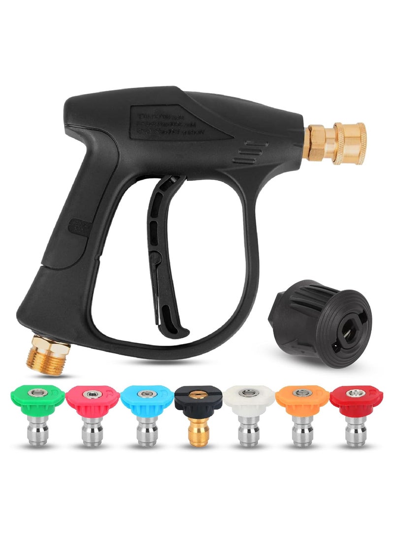 مسدس غسالة الضغط العالي 4350PSI - 7 رؤوس فوهة ماء وموصل سريع لغسالة الضغط Karcher K1-K7 - مسدس غسيل نفاث قصير مع موصل خرطوم تركيب M22 14 مم وموصل سريع 1/4 بوصة  - Image 1