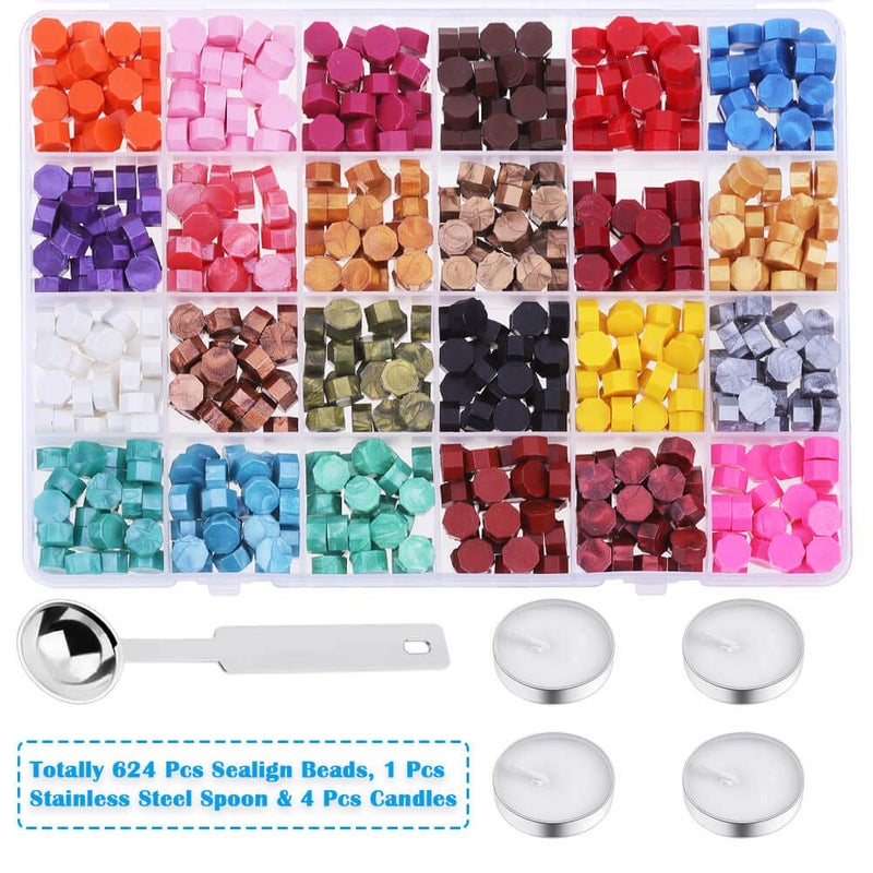 PAXCOO 624Pcs Sealing Wax Beads, Sealing Wax for Wax Seal Stamp, Hexagon Wax Seal Beads with A Wax Spoon and 4Pcs Tea Candles (24 Colors) - Image 2