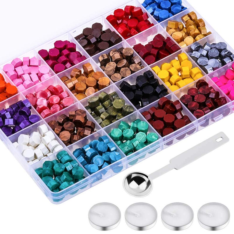 PAXCOO 624Pcs Sealing Wax Beads, Sealing Wax for Wax Seal Stamp, Hexagon Wax Seal Beads with A Wax Spoon and 4Pcs Tea Candles (24 Colors) - Image 1