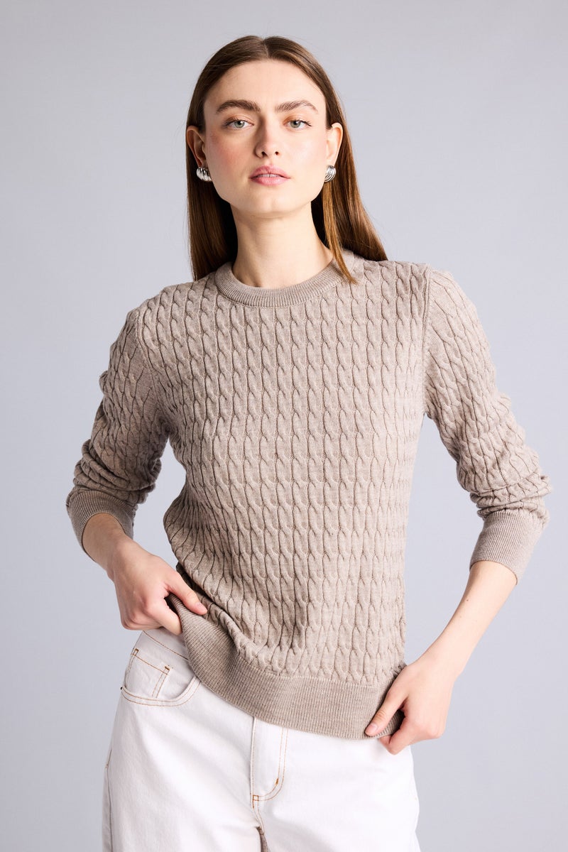 DeFacto Beige Woman Regular Fit Beige Crew Neck Sweater Casual - Image 3