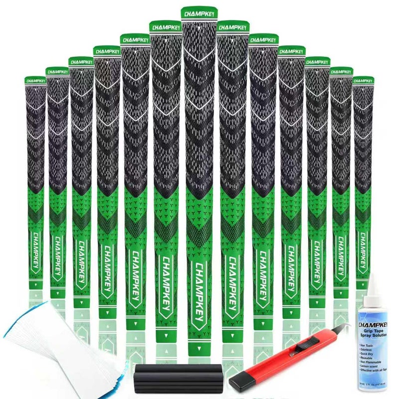 CHAMPKEY Half Cord Golf Grips 13 Pack with Golf Grip Kit - All Weather Performance Golf Club Grips - High Traction and Feedback Golf Grips for Men(Green,Midsize) - Image 1