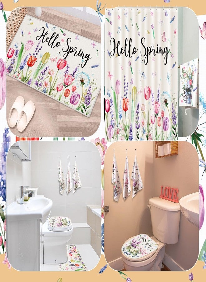 Drydiet 7 Pcs Spring Floral Shower Curtain Set Hello Spring Tulip Design with Non-Slip Rugs Bath Towels U-Shaped Mat Toilet Lid Cover and 12 Hooks 71x71 Inch Waterproof for Home Bathroom Decor - Image 2
