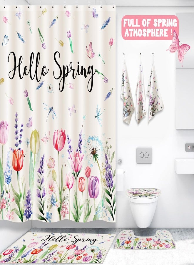 Drydiet 7 Pcs Spring Floral Shower Curtain Set Hello Spring Tulip Design with Non-Slip Rugs Bath Towels U-Shaped Mat Toilet Lid Cover and 12 Hooks 71x71 Inch Waterproof for Home Bathroom Decor - Image 4