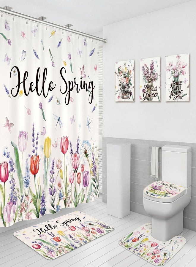 Drydiet 7 Pcs Spring Floral Shower Curtain Set Hello Spring Tulip Design with Non-Slip Rugs Bath Towels U-Shaped Mat Toilet Lid Cover and 12 Hooks 71x71 Inch Waterproof for Home Bathroom Decor - Image 1