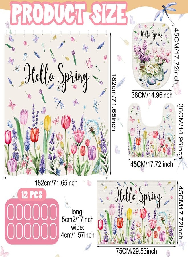 Drydiet 7 Pcs Spring Floral Shower Curtain Set Hello Spring Tulip Design with Non-Slip Rugs Bath Towels U-Shaped Mat Toilet Lid Cover and 12 Hooks 71x71 Inch Waterproof for Home Bathroom Decor - Image 3