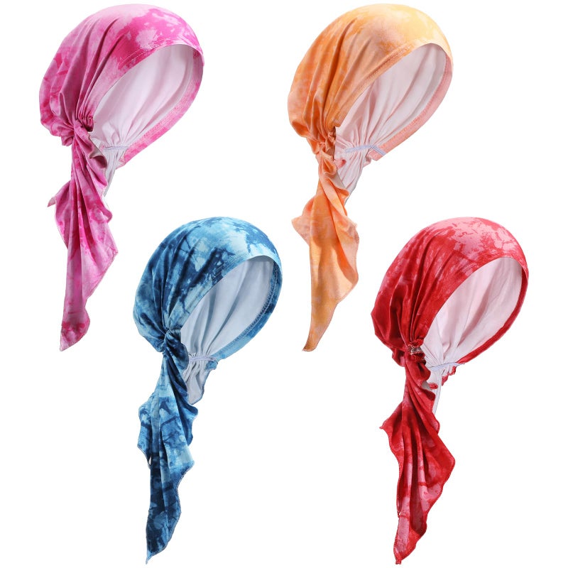 Halfchet 4 Pcs Chemo Headwear for Women Pre Tied Cancer Caps Cotton Head Scarf Turbans for Women Patients Gifts(Tie Dye) Multicolor - Image 1
