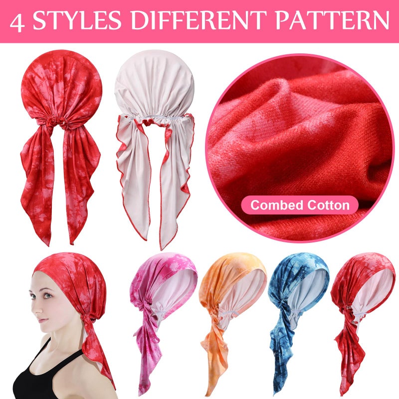 Halfchet 4 Pcs Chemo Headwear for Women Pre Tied Cancer Caps Cotton Head Scarf Turbans for Women Patients Gifts(Tie Dye) Multicolor - Image 4