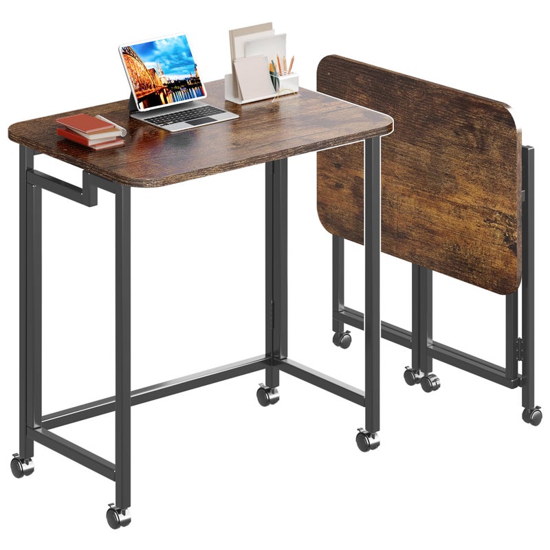4NM 23.6" Mobile Small Rolling Computer Desk, Folding Laptop Cart Table with Wheels, Portable Office Desk for Small Space Couch Bed - Rustic Brown and Black - Image 1